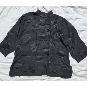 Vtg Silk Tang Jacket Sixe 2XL Black Jacquard Mandarin Collar Front Pockets